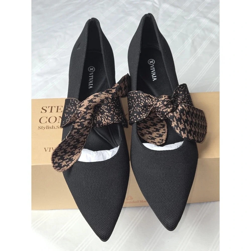 Vivaia Pointed-Toe Block Heel Mary Jane Knit Pumps Houndstooth Bow Size 7.5 EU38